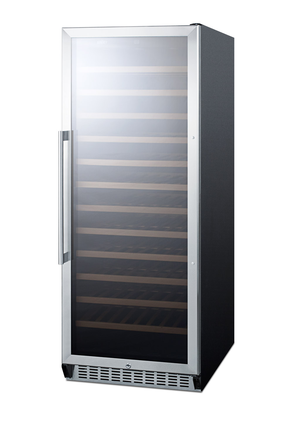102 bottle single-zone commercial wine cellar designed for the display and refrigeration of beverages, with glass door, digital thermostat, and black cabinet